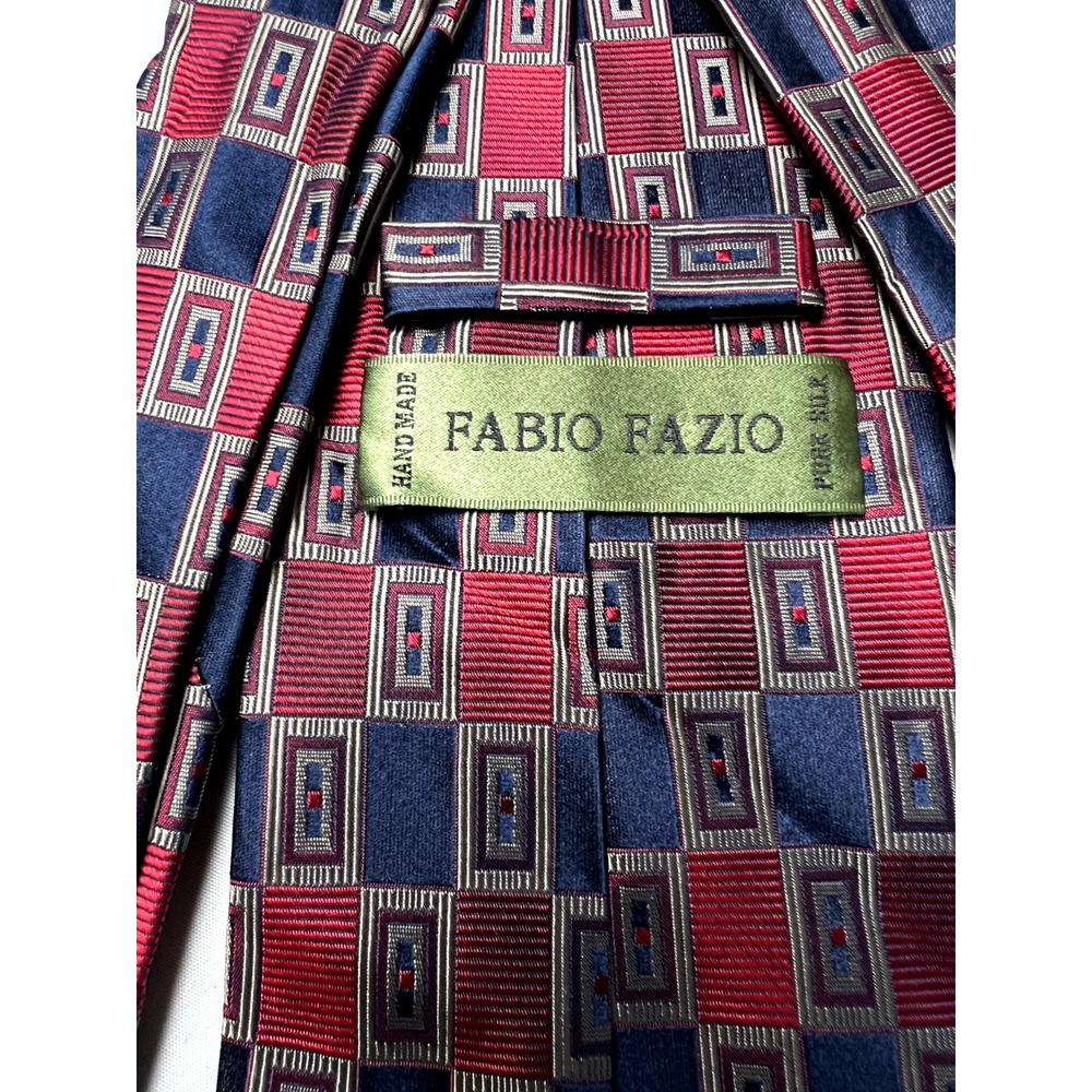 Fabio Fazio Red Blue Checked Geometric Handmade 100% Silk Neck Tie Office Wear